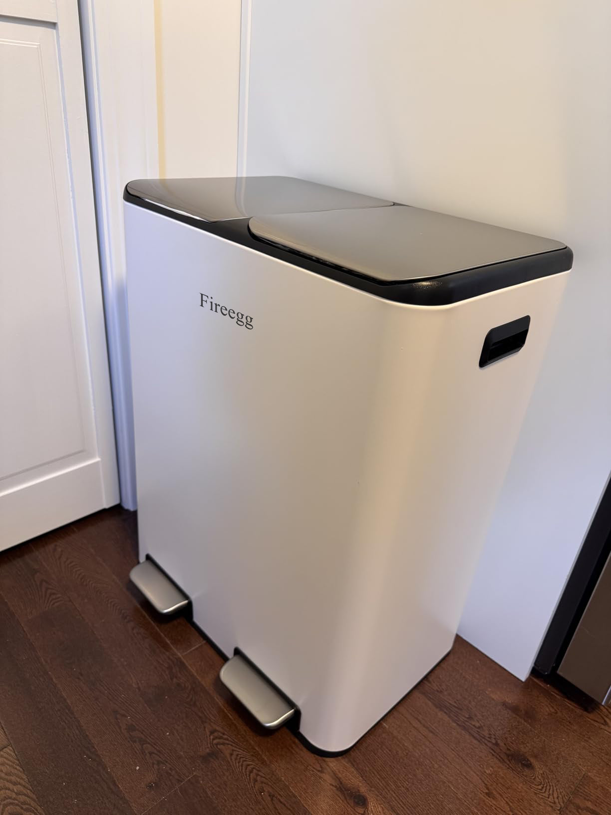Fireegg Dual Compartment Dustbin, 1 Pack Stainless Steel Step Trash Can with 2 Pedals and Lids, Rectangular Kitchen Garbage Bin for Recycling, Waste Bin for Home, Office, Bathroom