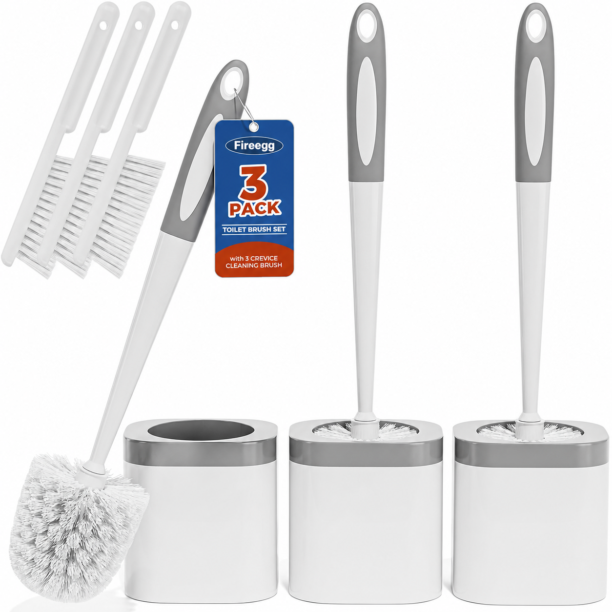Fireegg Toilet Brush and Holder Set, 3 Pack Toilet Bowl Brushes with Holders and Crevice Cleaning Brushes, Long Handle Bathroom Cleaning Brush for Toilet, Sink, Tub and Bathroom Corners