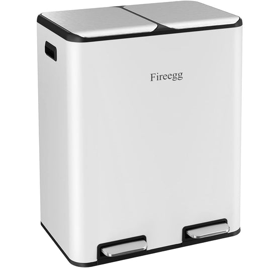 Fireegg Dual Compartment Dustbin, 1 Pack Stainless Steel Step Trash Can with 2 Pedals and Lids, Rectangular Kitchen Garbage Bin for Recycling, Waste Bin for Home, Office, Bathroom